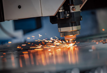 CNC Laser cutting of metal, modern industrial technology Making Industrial Details. The laser optics...