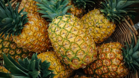 Fresh ripe golden yellow pineapples with textured skin and green spiky crown leaves, tropical fruit...