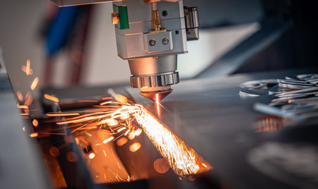 CNC Laser cutting of metal, modern industrial technology Making Industrial Details. The laser optics...