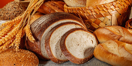 Fresh baked bread. Assorted bakery products loafs of bread and rolls...