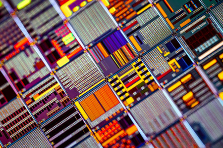 Detailed view of patterned silicon semiconductor wafer showing many integrated circuit dies in a...
