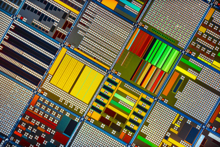 Detailed view of patterned silicon semiconductor wafer showing many integrated circuit dies in a...