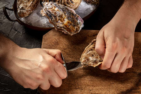 Shucking an oyster, mans hands holding a knife, opening oysters