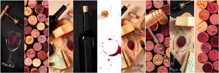 Wine Collage design template. A panorama of many photos of wine glasses, and corks, a design for a...