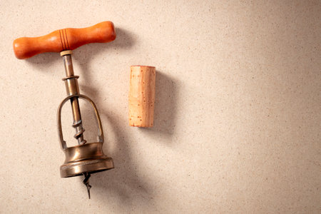 Wine tasting concept. A vintage corkscrew and a cork, overhead shot with copy spaceの写真素材