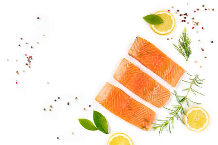 Salmon banner, a design template with slices of raw fish, herbs, and seasoning, overhead flat lay shot with copy space on a white backgroundの写真素材