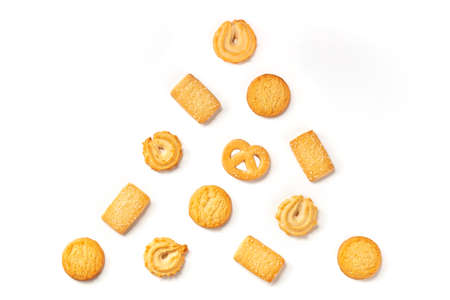 Danish butter cookies forming a Christmas tree, overhead flat lay shot