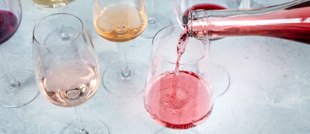 Rose wine panorama with wine poured into a glass at a tasting at a winery. Winetasting eventの写真素材