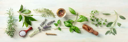 Fresh herbs panorama, shot from the top on a wooden background with salt and pepper. Rosemary, lavender, bay leaf, thyme, basil, sage etcの写真素材