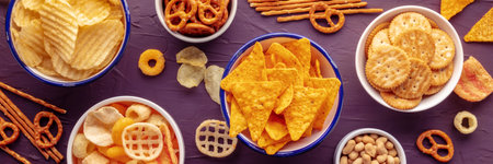 Salty snacks panorama. A table of assorted appetizers in bowls, overhead panoramic banner with a flat lay of party foodの写真素材