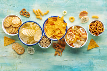Salty snacks. Party food mix. Potato and tortilla chips, crackers and other appetizers in bowls, overhead flat lay shot on a blue backgroundの写真素材