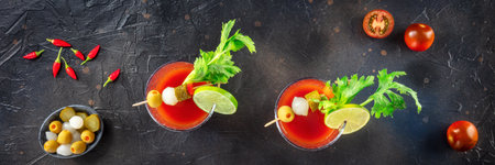 Bloody Mary cocktail with garnish panorama on a black background, overhead flat lay shot. Spicy tomato juice with alcohol, lime, picklesの写真素材
