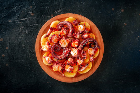 Pulpo a la gallega, Spanish octopus meal, Galician dish, overhead flat lay shot on a black backgroundの写真素材