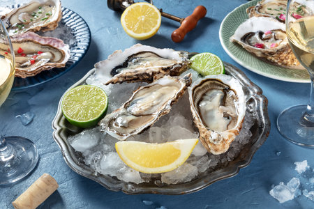 Oysters on ice, with lemon and lime, shot on a blue slate background, with white wine