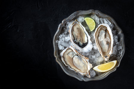 Oysters with lemon and lime, shot from above on a black stone background with a place for textの写真素材