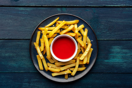 French fries with tomato sauce, overhead flat lay shot, a plate of potato chips on a dark wooden...