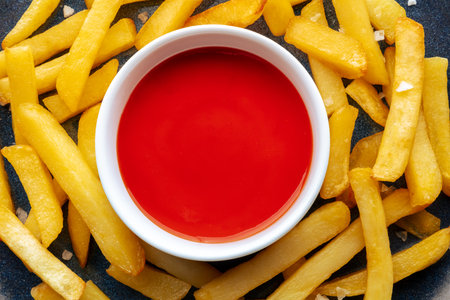 French fries with ketchup, a close-up of delicious potato chips