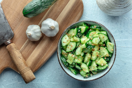Cooking smashed cucumber salad, healthy vegan food, green plant-based appetizer, organic ingredients, shot from the top in the kitchenの写真素材