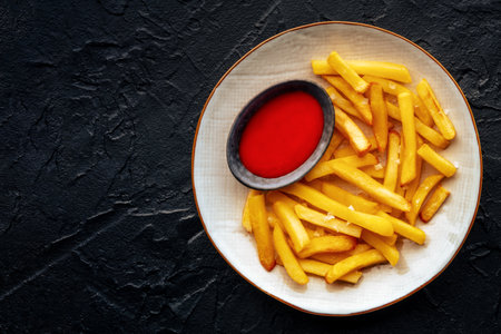 French fries with tomato sauce, overhead flat lay shot, a plate of potato fries on a black stone background, with copy spaceの写真素材