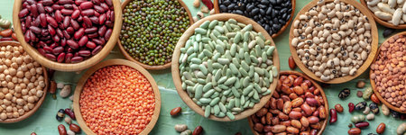 Various legumes, overhead flat lay panorama on a blue background. Many different pulses, an...