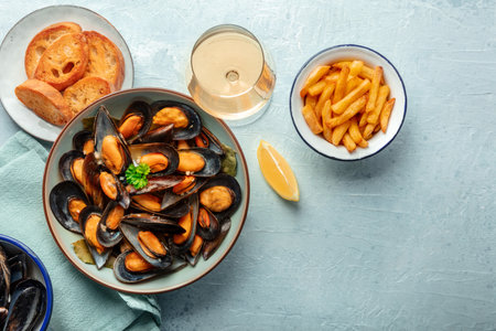 Mussels with French fries, toast, lemon, and white wine, overhead flat lay shot with copy space....