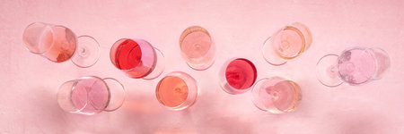 Rose wine panorama, overhead flat lay shot, a variety of hues and tints, on a pink background, many wine glasses, panoramic bannerの写真素材