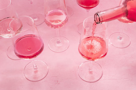 Rose wine poured from a bottle into a glass at a wine tasting, on a pink backgroundの写真素材