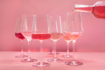 Rose wine poured from a bottle into a glass, a variety of hues and tints, side view on a pink...
