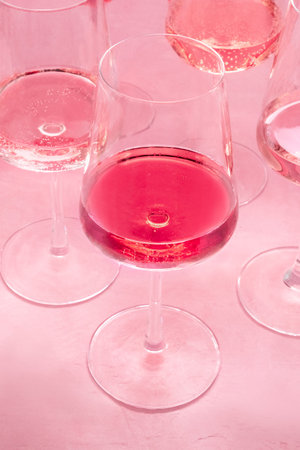 Rose wine, an assortment of hues and tints, on a pink background, many wine glasses, vibrant colorsの写真素材
