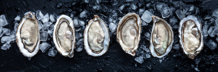 Fresh raw oysters on ice panorama, overhead flat lay view on a black slate background, a panoramic bannerの写真素材