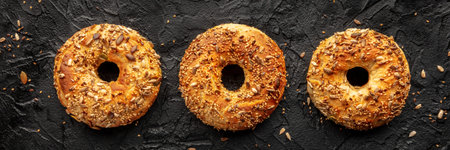 Three bagels panorama, overhead flat lay shot on a black background, panoramic bannerの写真素材