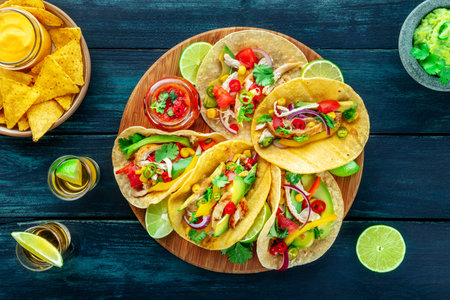 Mexican food. Tacos, tequila, nachos, guacamole, overhead flat lay shot on a blue wooden table