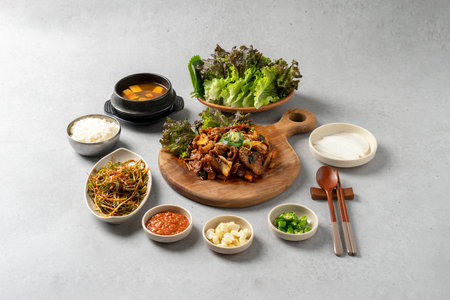 Korean food stir-fried meat set mealの写真素材