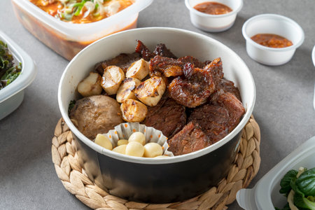 Korean food, ribs, gondre, bulgogi, cup rice, rice, vegetables, side dishes, lettuce, kimchi, soybean paste, garlicの写真素材