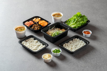 Korean food, pork belly, grilled pork, bulgogi, seasoning, soft tofu, beef tartare bibimbap, seaweed soup, lunch box, soybean paste stew, kimchi stew, cold noodlesの写真素材