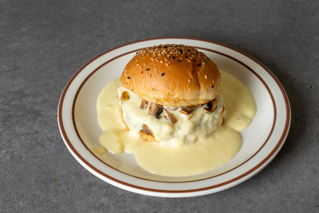 Burger, hamburger, pineapple, vegetable, beef, chili, tomato, lettuce, breadの写真素材