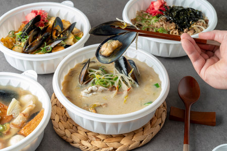 Fish Cake Soup Korean food dish Nagasaki and Spicy Seafood soup Nagasaki-dong, South Korea Rice with pork belly and hostの写真素材