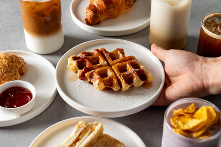 Croissant, cafe, plain, croiffle, kaya toast, americano, coffee, latte, black sugar, purple sweet potato,の写真素材