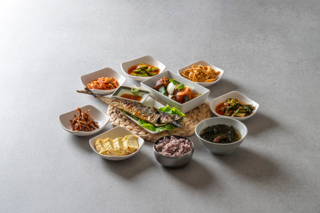 Korean food dish Set Menu of Napa Wraps with Pork Set Menu with Braised Fish Soft Tofu Stew Stir-fried chicken in earthen pot Set Menu with Marinated Beef Ribsの写真素材