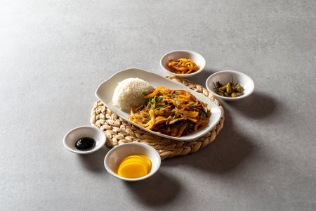 Sweet and sour pork Korean food dish Rice with Stir-fried Glass Noodles and Vegetables Stir-fried Seafood and Vegetables Spicy Seafood Noodle Soupの写真素材