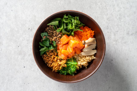 Tuna poke rice bowl, tuna, bowl, natto, silken tofu, salmon sashimi, tuna sashimiの写真素材