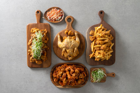 Fried chicken, whole chicken, fried chicken, seasoning, chicken, soy sauce, green onion chicken, whole green onion chicken Korean food dishの写真素材