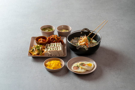 Korean food dish stir-fried cartilage rice ball, seafood fish cake soup, boiled pork, tofu, kimchi, and stir-fried porkの写真素材