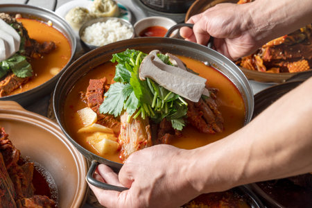 Pork rib hangover soup, marketplace rice soup, boneless bone hangover soup, gamjatang, ripe kimchi gamjatang, spicy bone stew, and soy sauce bone stewの写真素材