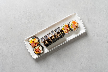 Gimbap, vegetable gimbap, sausage, tuna gimbap, nurungji Korean food dishの写真素材