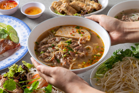 Beef rice noodles, spicy rice noodles, jjajo pork, fried rice, bun cha Korean food dishの写真素材