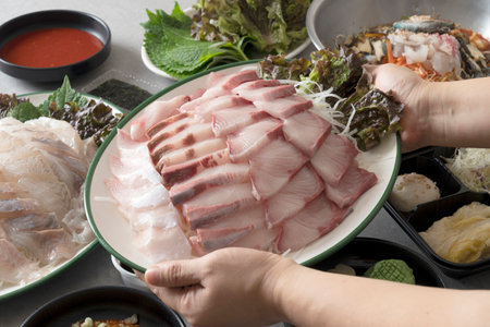 Raw flatfish, raw rockfish, raw beef, raw fish soup, raw fish soup Korean food dishの写真素材