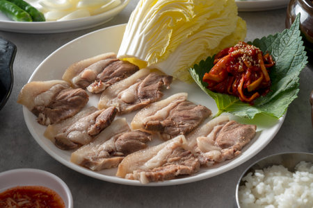 Korean food dish Boiled pork set, boiled pork, sundae, beef bone soup, sundae soup, stir-fried tripe, tripe hot potの写真素材