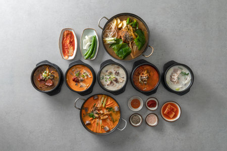 Korean food dish Side dishes, pork rib hangover soup, gopchang hot pot, and gamjatangの写真素材