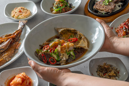 Korean food dish Soy Sauce Marinated Crab, Set Menu, Grilled La Ribs, Barley Gulbi, Grilled Dried Pollack, Side Dishの写真素材